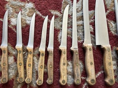 Vintage Old School ESSEX Kitchen Knives Set With Sharpener & Wood Block Holder