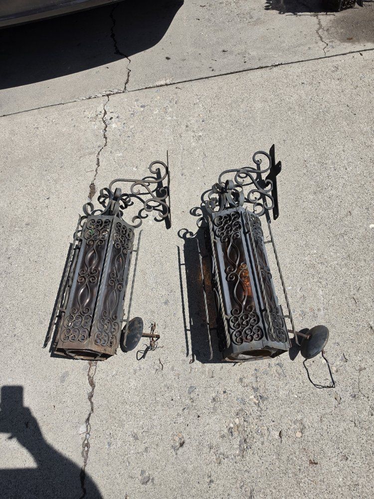 Pair of Vintage Spanish Revival / Gothic Wrought Iron Wall Lanterns Lot 1