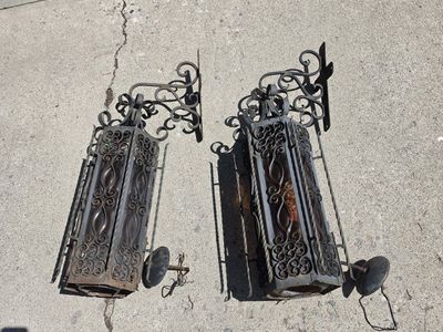Pair of Vintage Spanish Revival / Gothic Wrought Iron Wall Lanterns Lot 1