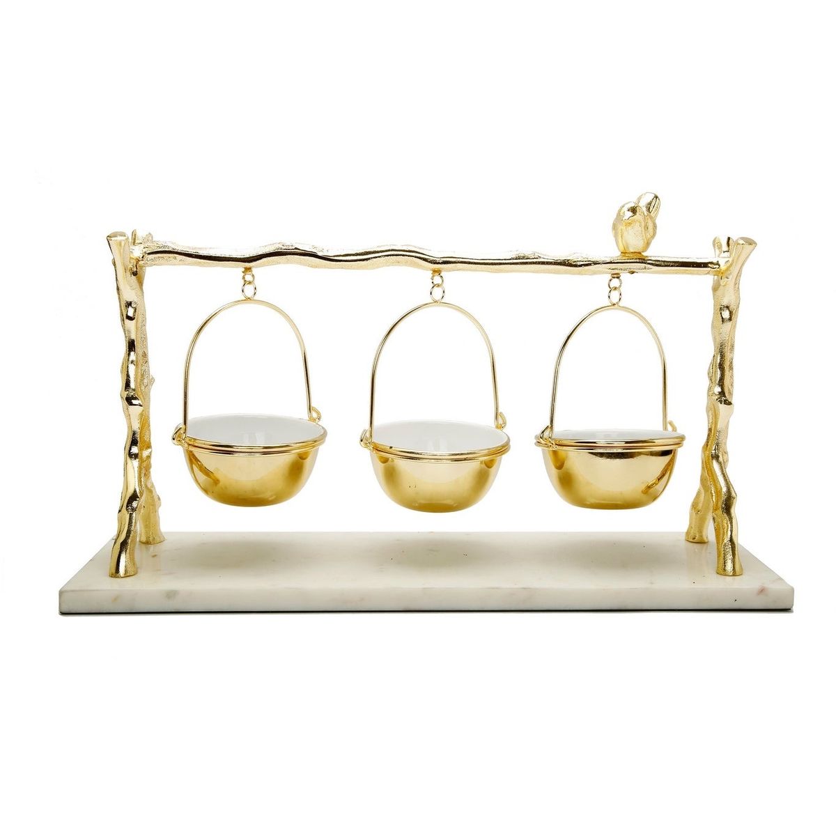 Elegant Gold & White Marble Serving Stand with 3 Hanging Bowls