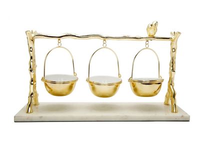 Elegant Gold & White Marble Serving Stand with 3 Hanging Bowls
