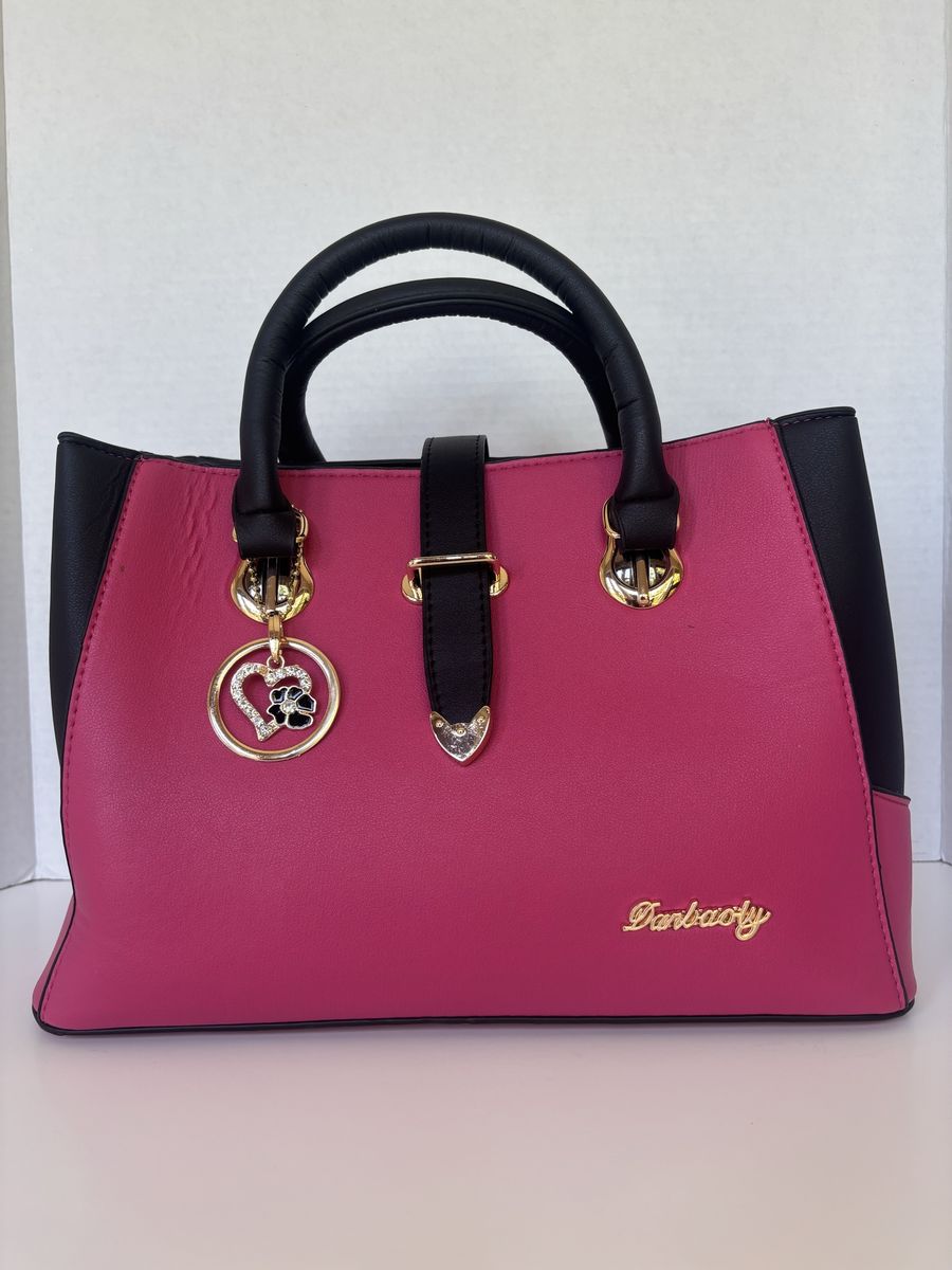 Danbaoly Pink and Black Handbag Satchel Purse with Heart Charm