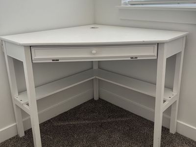 White Corner Desk with Keyboard Tray and Storage, Space-Saving Design