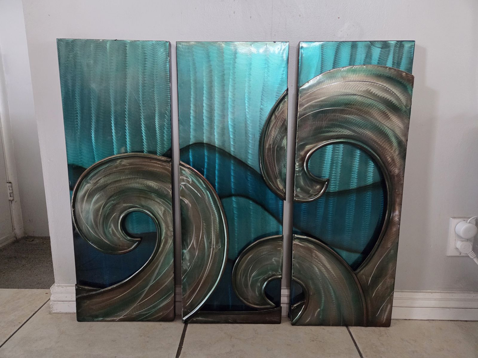 Elements 3-Piece Teal Metal Wave Motif Wall Art