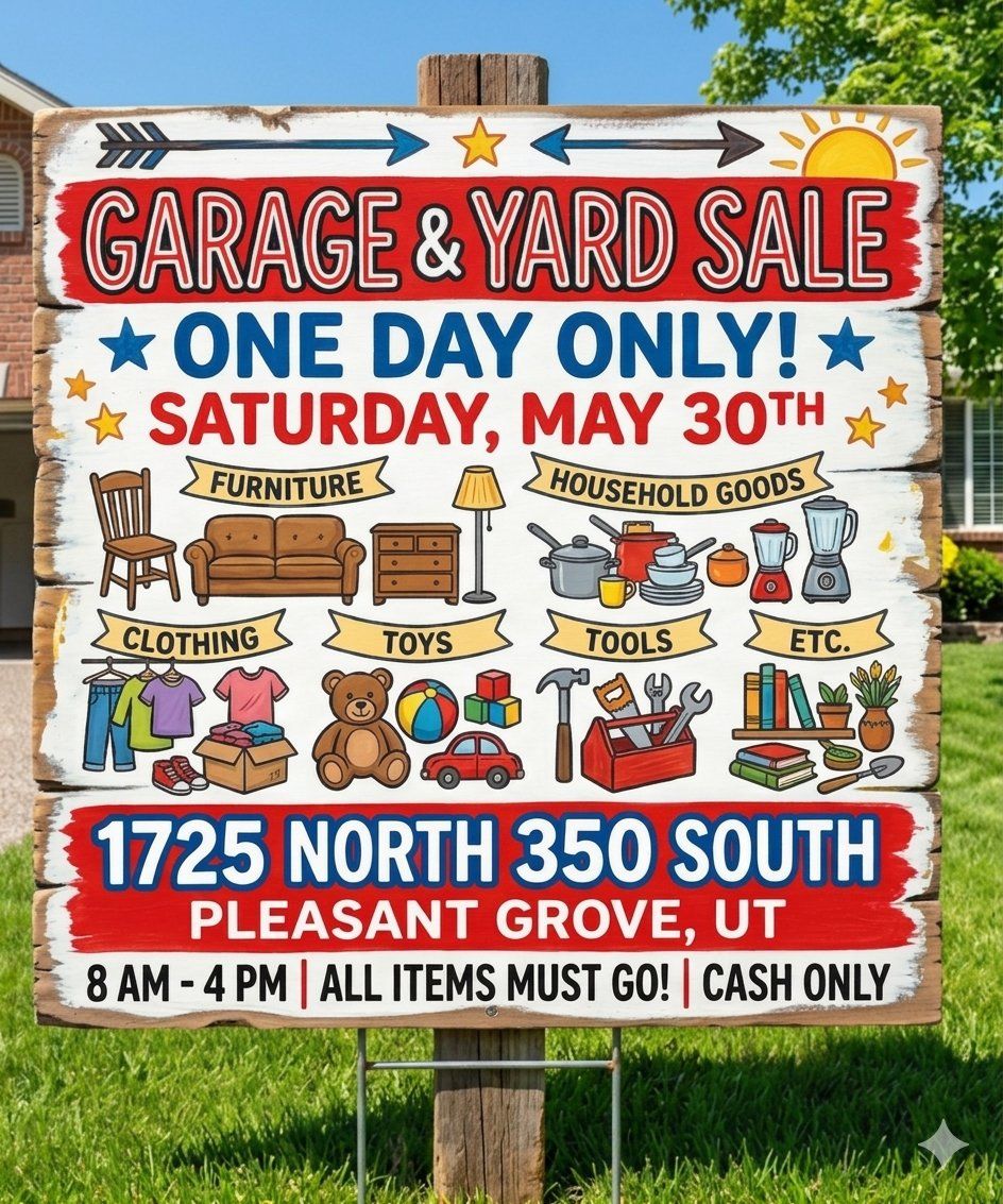 One-Day Garage & Yard Sale - Furniture, Clothing, Toys, Tools & More! May 30th, 8 AM - 4 PM