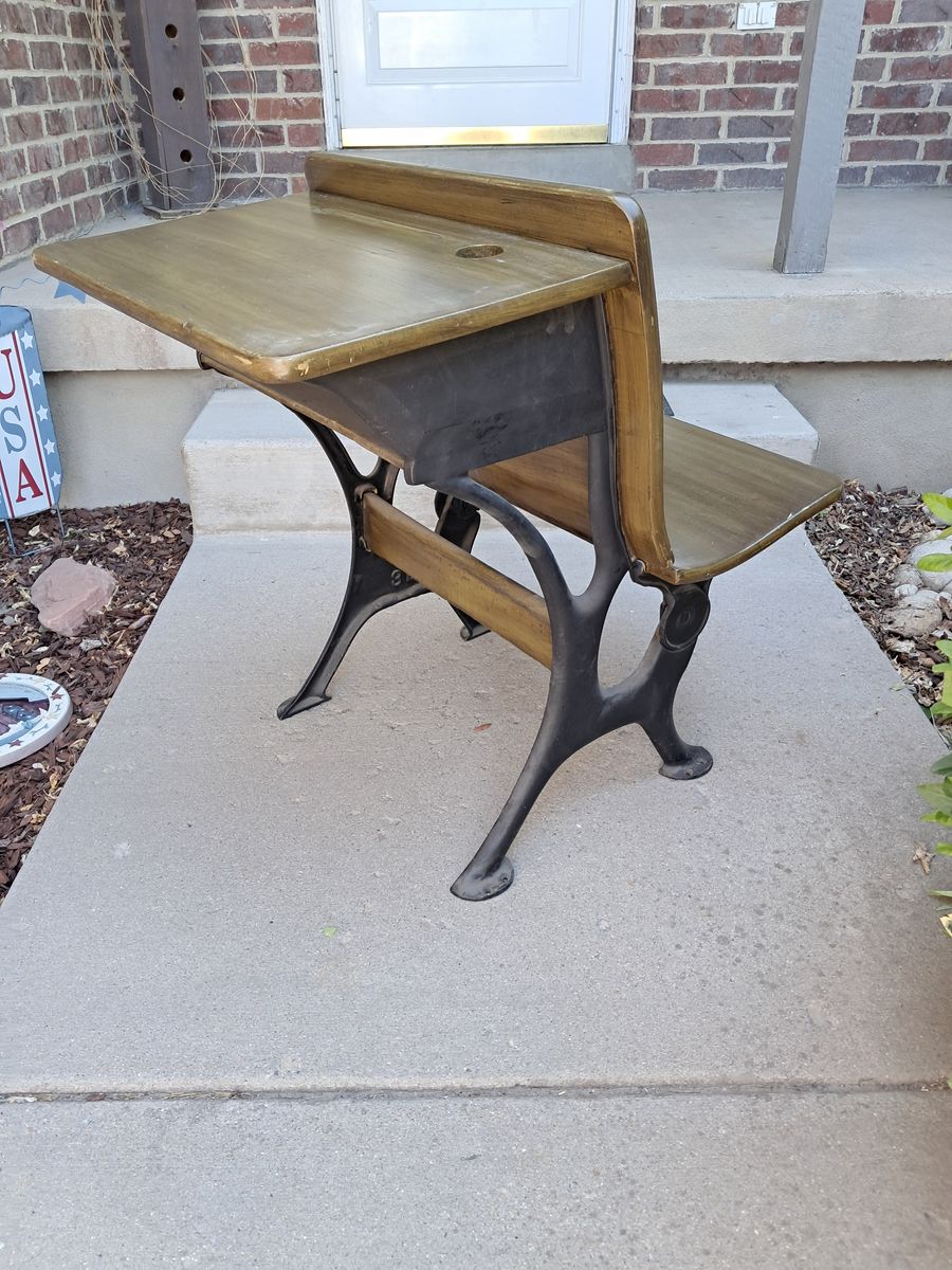 Antique Wood Elementary Wrought Iron School Desk