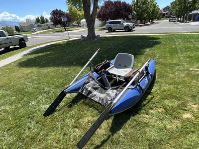 Fish Cat Pontoon Fishing Boat Package – Like New! Oars, Frame, Pump & Accessories