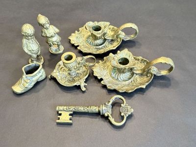 Vintage Brass Decorative Collection – Candle Holders, Corkscrew & Figurines