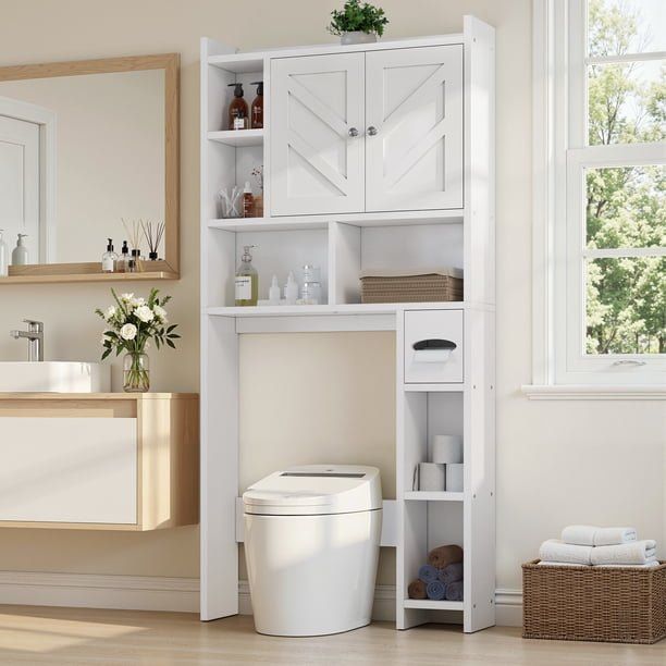 Walsunny Over the Toilet Storage Cabinets with Doors Side Shelves Toilet Paper Holder Stand Organizer Shelf Rack Space Saver abo