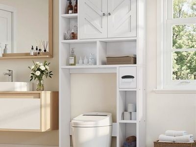Walsunny Over the Toilet Storage Cabinets with Doors Side Shelves Toilet Paper Holder Stand Organizer Shelf Rack Space Saver abo