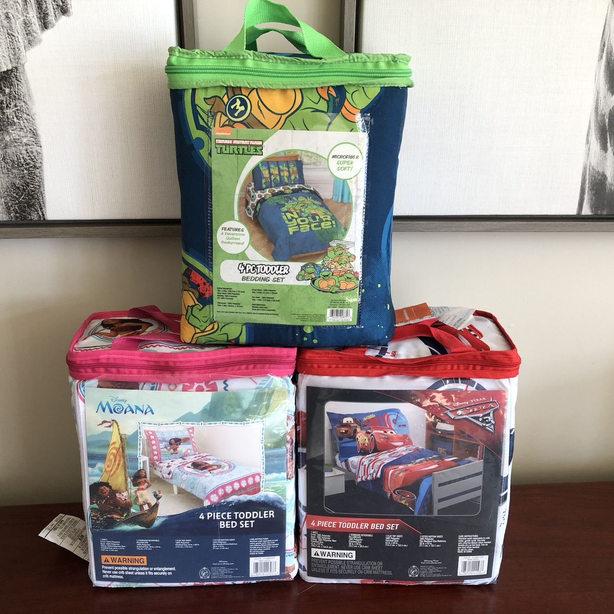 New 4 Piece Toddler Bed Sets - Disney Moana, Cars & Teenage Mutant Ninja Turtles - $25 Each