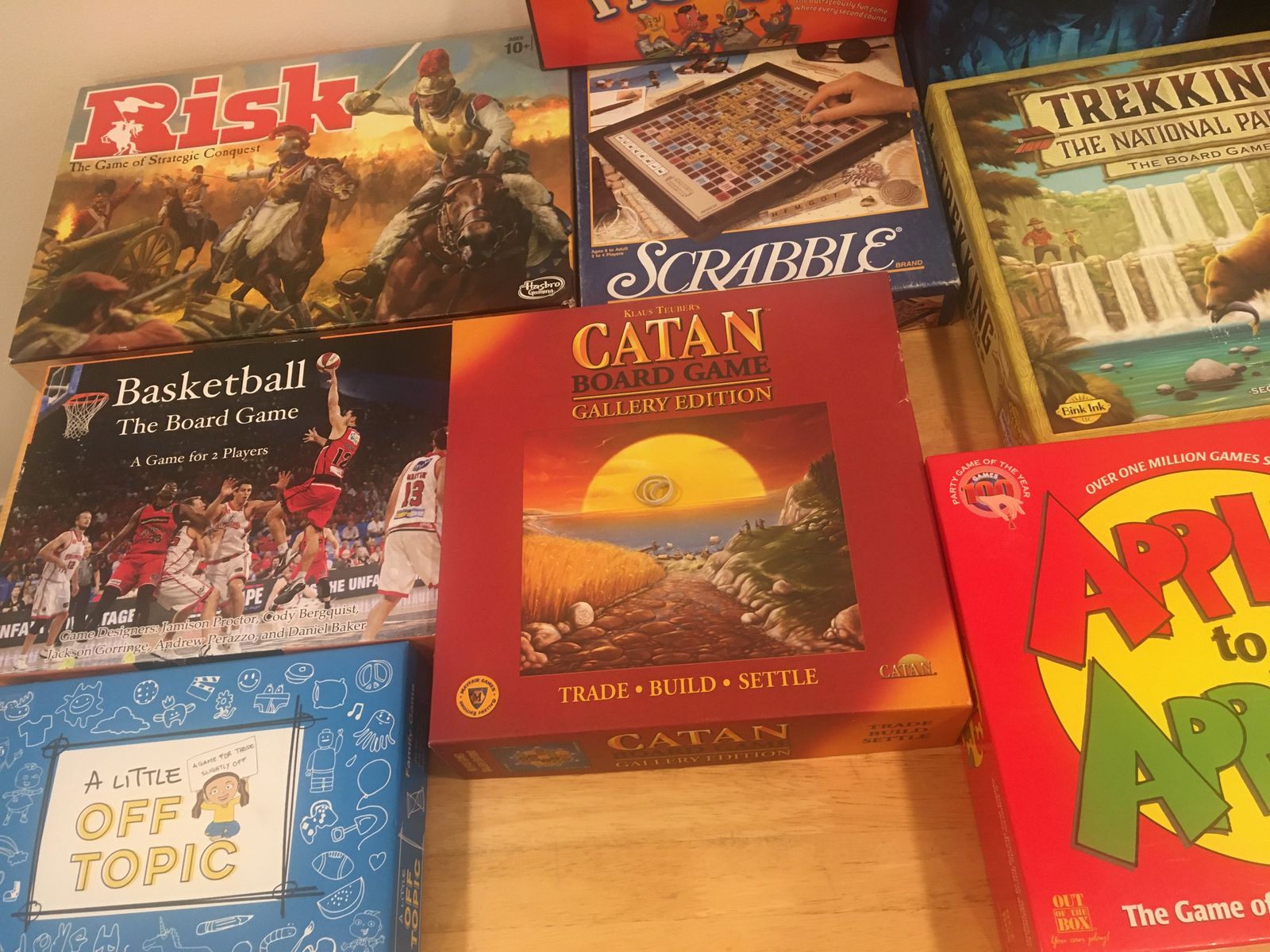 Assorted Board Games Lot - Risk, Catan Gallery Edition, Scrabble, Apples to Apples