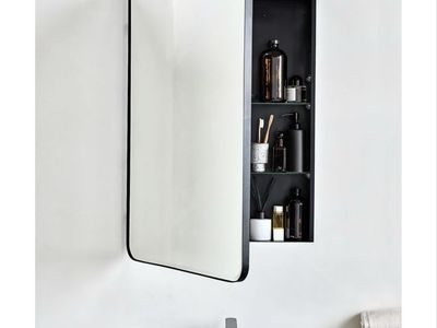 New Crate & Barrel Edge Large Black Rounded Rectangle Medicine Cabinet