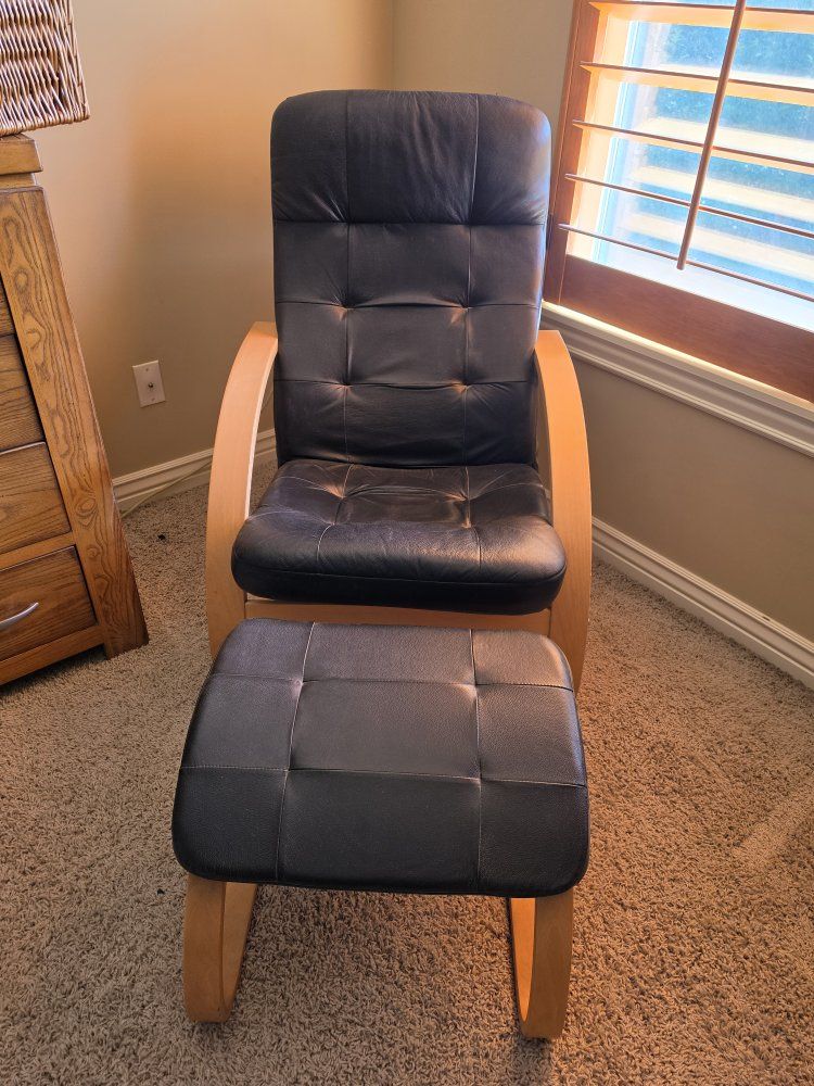 Black Leather Bentwood Armchair with Matching Ottoman Accent Chair