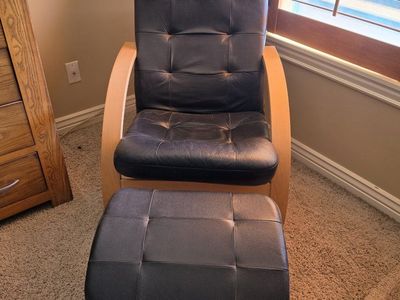 Black Leather Bentwood Armchair with Matching Ottoman Accent Chair