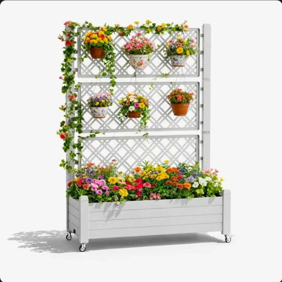 New White Planter Box with Trellis & Wheels 43" x 64"   #265