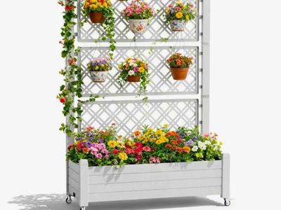 New White Planter Box with Trellis & Wheels 43" x 64" #265