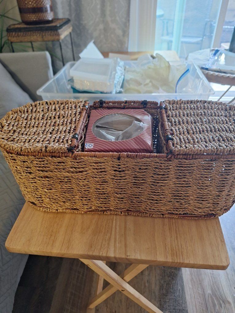 Wicker Table Basket with Kleenex section and 2 storage bins.