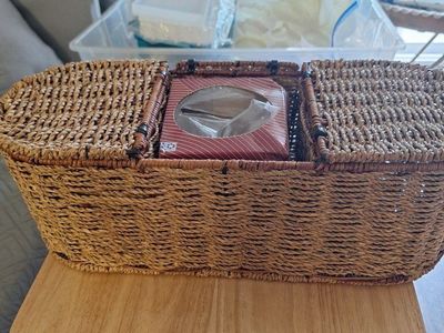 Wicker Table Basket with Kleenex section and 2 storage bins.