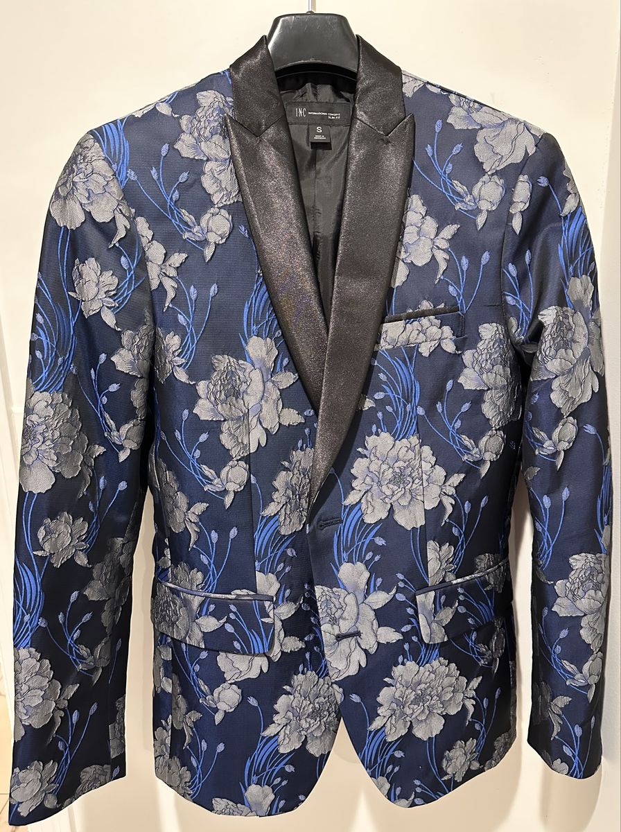 INC Men’s Slim Fit Floral Dinner Jacket Blazer – Size Small (38R) – Navy Blue Silver