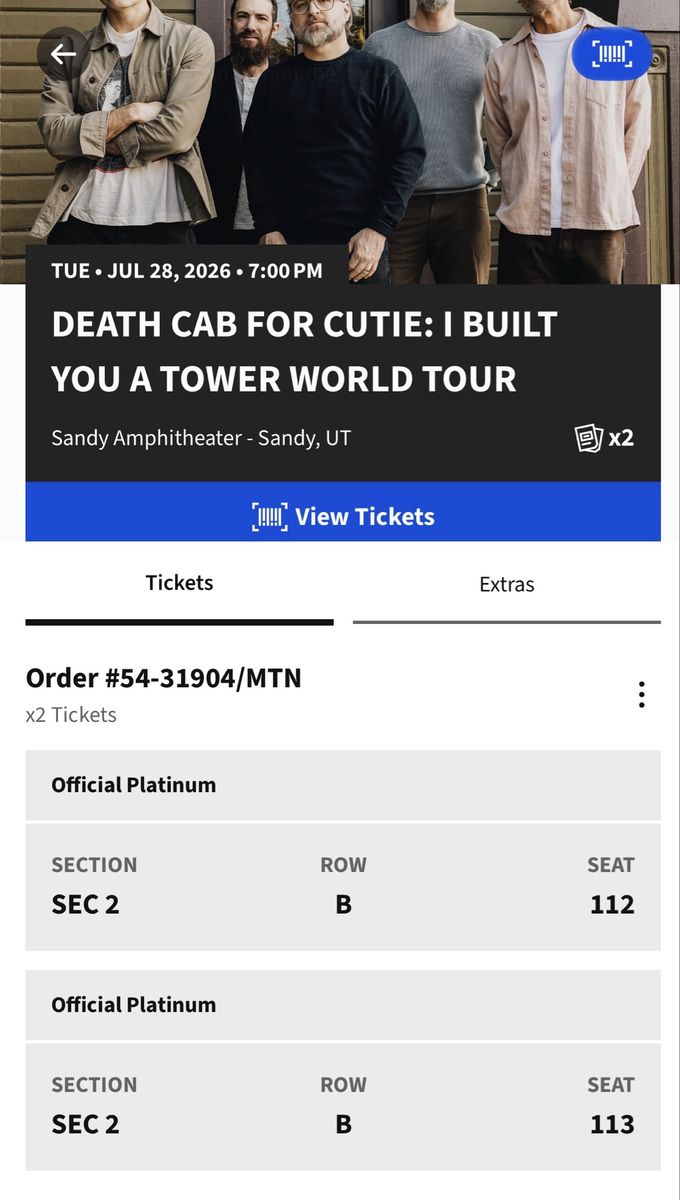 Death Cab for Cutie: I Built You a Tower World Tour - 2 Tickets, Sandy Amphitheater, July 28, 2026