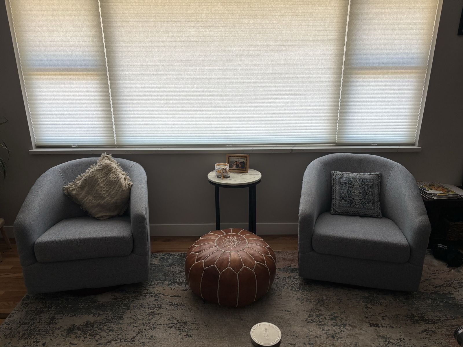 Pair of Gray/Light Blue Swivel Accent Chairs