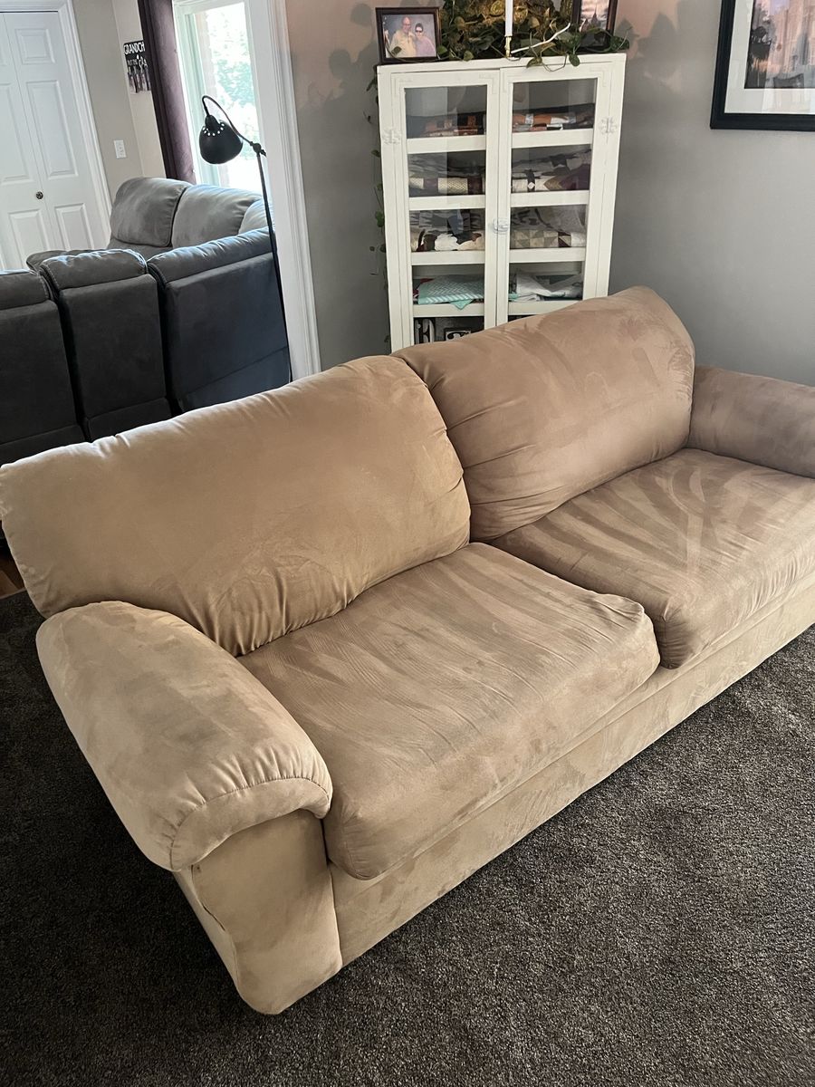 Tan Microfiber Suede Living Room Sofa Couch with Plush Cushions