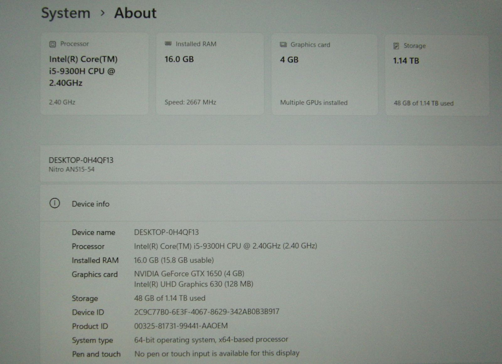 Acer Nitro 5 Gaming Laptop i5-9300H 256GB NVMe SSD / 1TB SSD 16GB GeForce GTX 1650