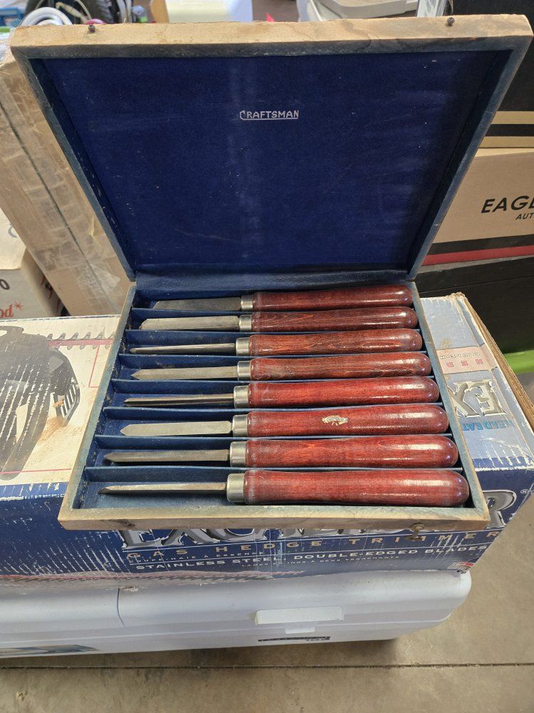 Vintage 1940s-1950s Craftsman 8 pc wood lathe turning chisel set in case