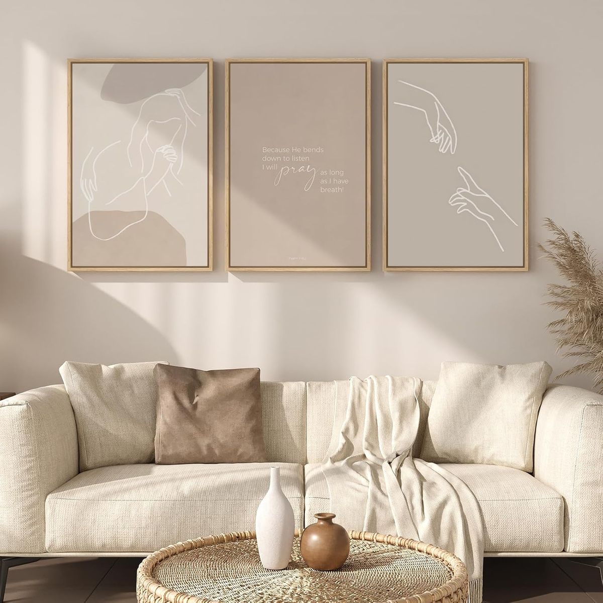 NEW 16x24 (3) Framed Christian Wall Art Set of 3, Minimalist Neutral Beige Scripture, Psalm 116:2