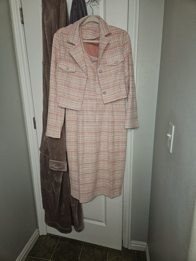 Chic Women's Pink & White Plaid Tweed Dress & Cropped Jacket Set - Size L