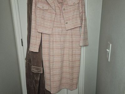 Chic Women's Pink & White Plaid Tweed Dress & Cropped Jacket Set - Size L