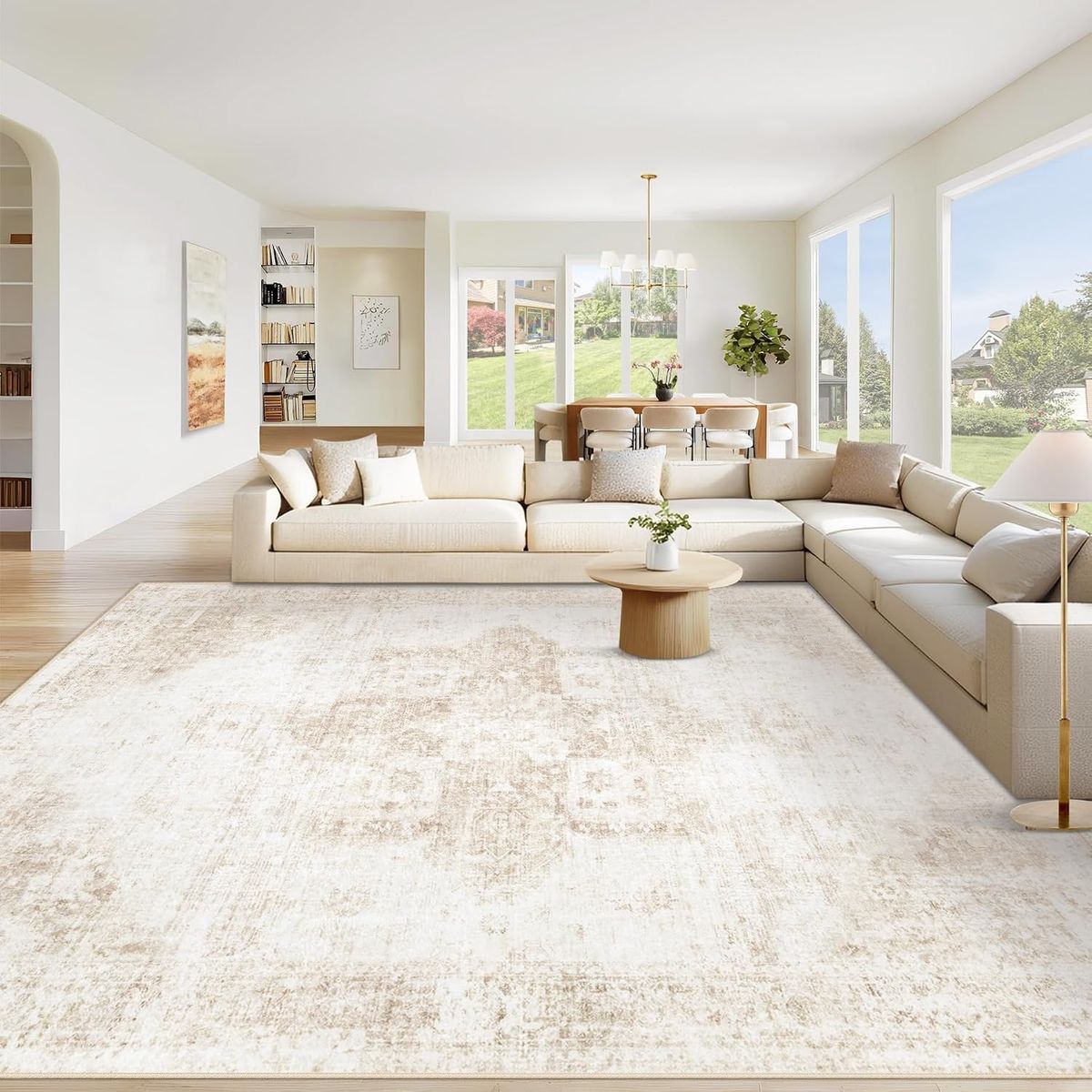 NEW 9x12 Washable Rug, Vintage Boho Medallion Rugs Non-Slip Soft Low Pile Large Distressed Beige