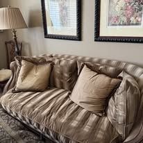 Elegant Striped Fabric Sofa Couch with Decorative Pillows, Traditional Style