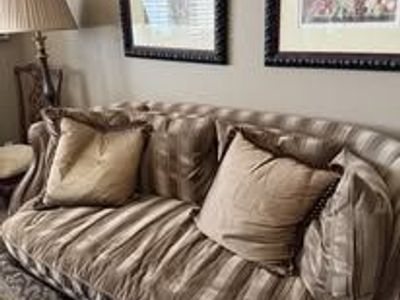 Elegant Striped Fabric Sofa Couch with Decorative Pillows, Traditional Style