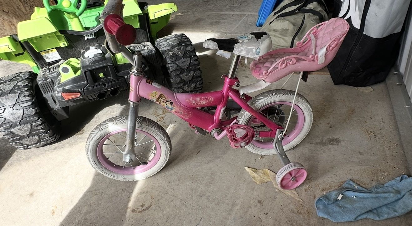 Pink Kids' Bike with Training Wheels and Doll Seat