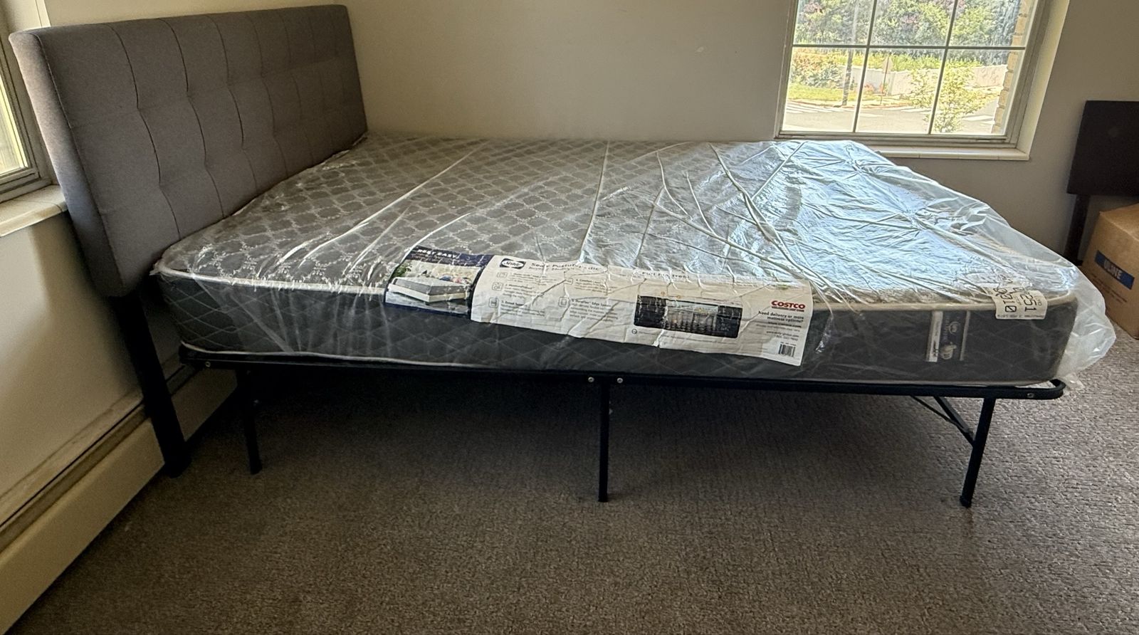 Full Size Bed Frame and Mattress Set - Grey Upholstered Headboard - Excellent Condition