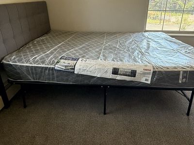 Full Size Bed Frame and Mattress Set - Grey Upholstered Headboard - Excellent Condition