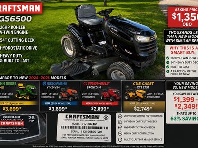 Craftsman DGS 6500 Garden Tractor – 26HP Kohler V-Twin – 54” Deck $1,350 Les slow