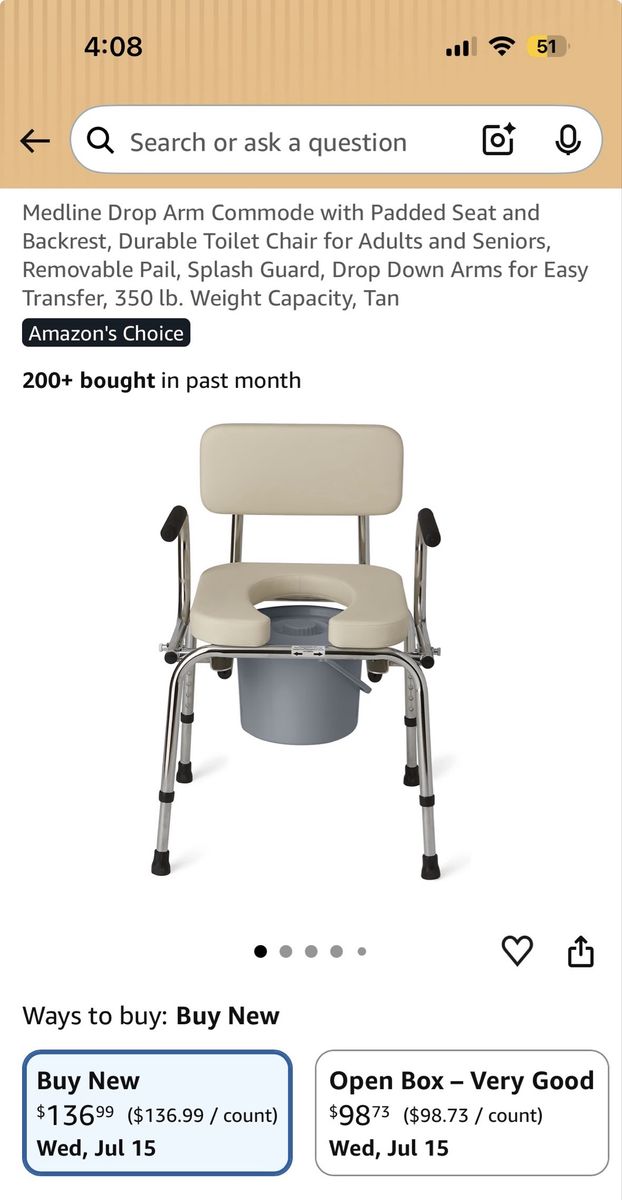 Medline Drop Arm Commode with Padded Seat & Backrest - Durable Toilet Chair,