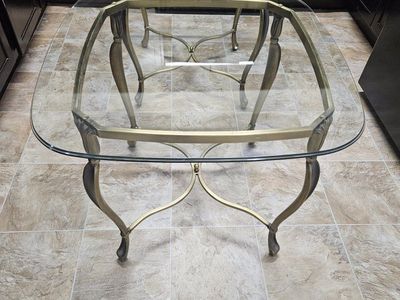 Elegant Glass & brushed Brass Coffee Table - Scrolled Legs, Curved Glass Top