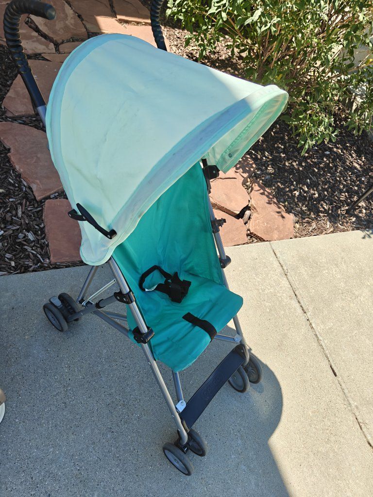 $5 each: Umbrella stroller, Dora folding chair, portable high chair, and swim assist vest
