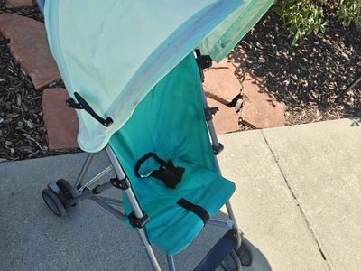 $5 each: Umbrella stroller, Dora folding chair, portable high chair, and swim assist vest