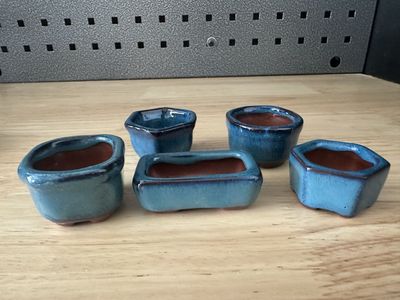 Set of 6 Blue Glazed Mini Ceramic Bonsai