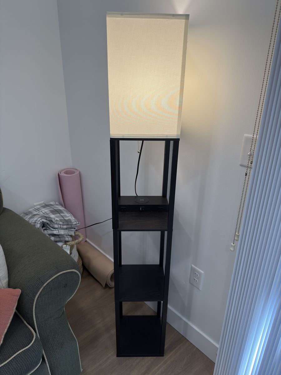 Minimalist Floor Lamp with Storage Shelves & Charging Port - Black Wood Finish