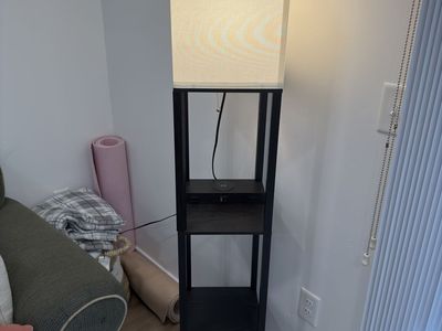 Minimalist Floor Lamp with Storage Shelves & Charging Port - Black Wood Finish