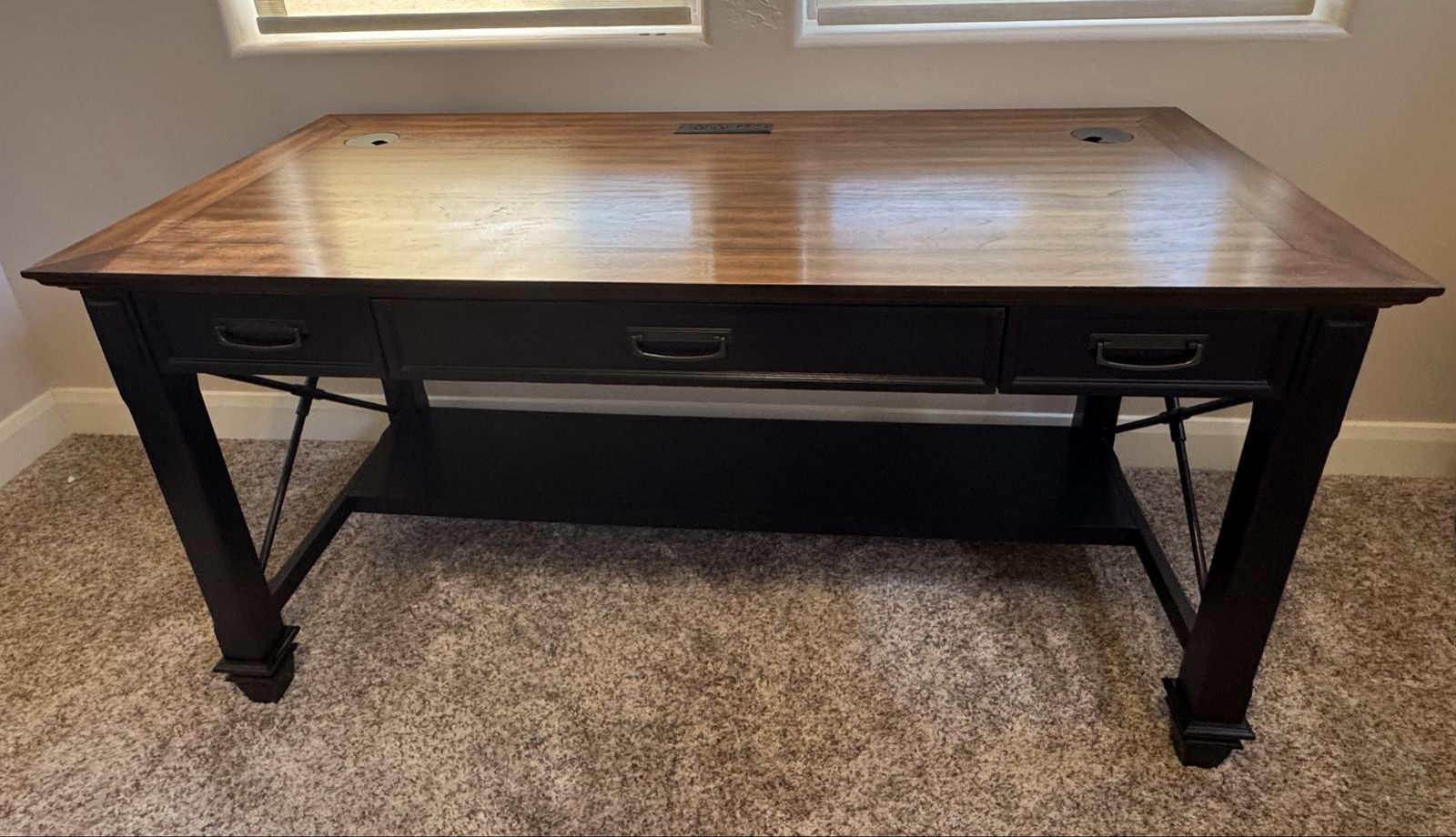 Wooden Executive Office Desk with Drawers and Lower Shelf