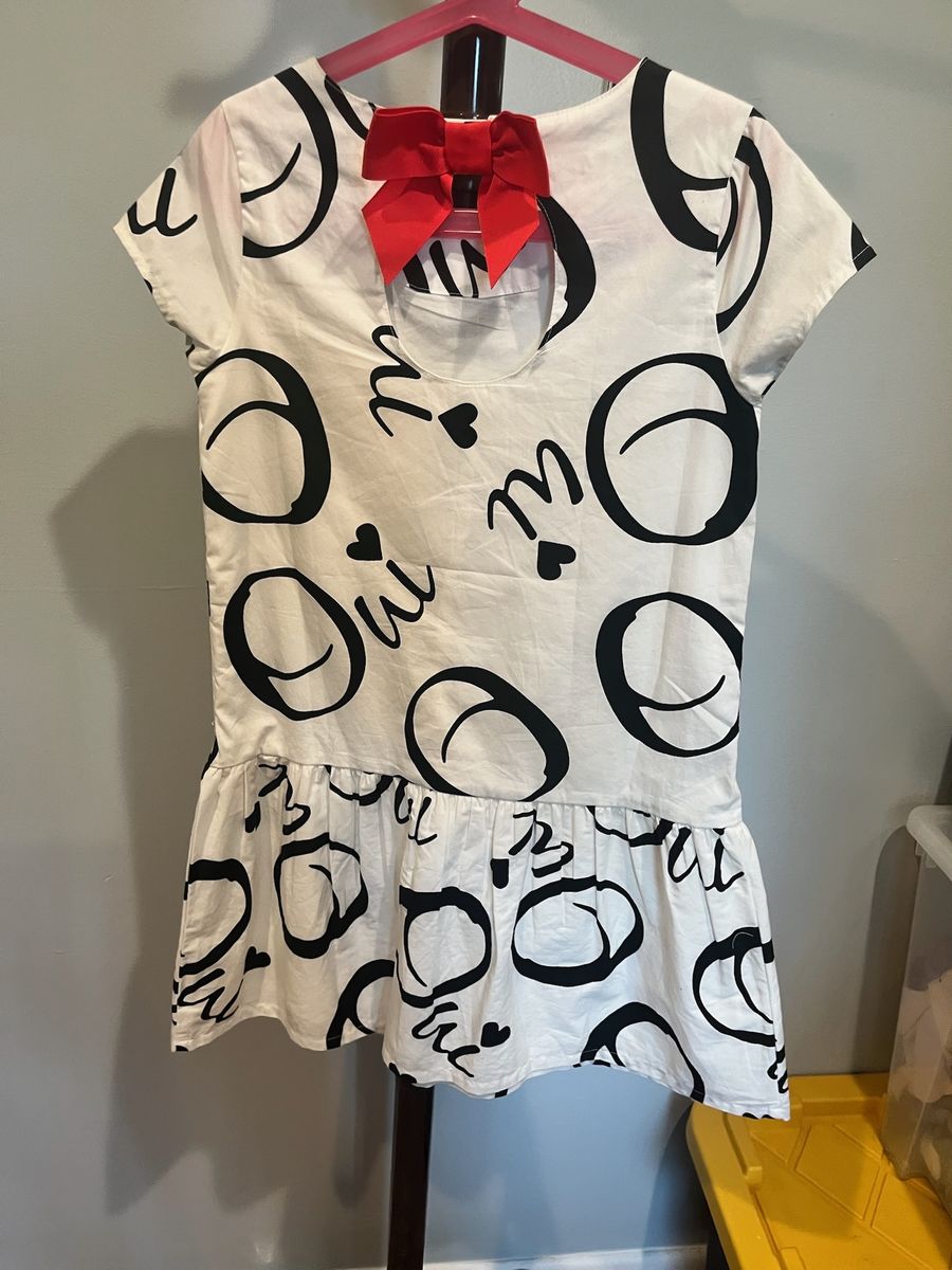 Gymboree White and Black Graphic Print Dress with Red Bow Back Size 8