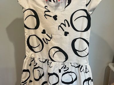 Gymboree White and Black Graphic Print Dress with Red Bow Back Size 8