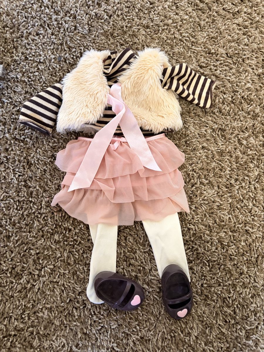 Our Generation Doll Clothes Outfit: Pink Ruffled Skirt, Striped Fur Vest, Tights, & Heart Shoes - Complete Set